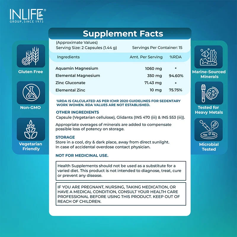 Supplement Facts of INLIFE Aquamin Magnesium with icons displaying Gluten-Free, Non-GMO, Vegan, Heavy Metal Tested, Microbial Tested, and Marine Mineral Source. 