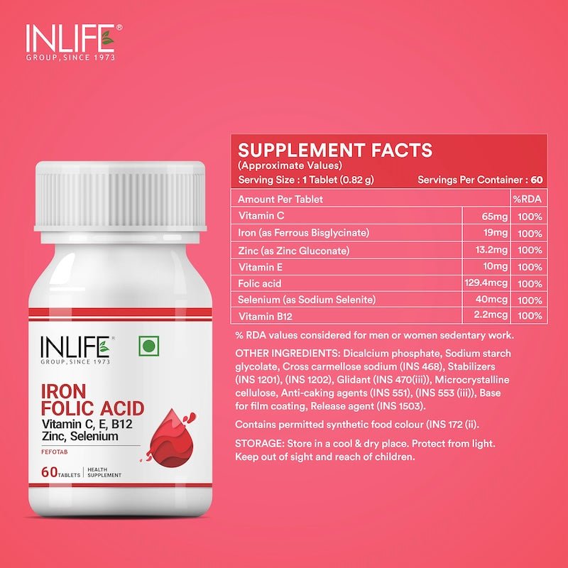 INLIFE Chelated Iron Folic Acid Supplement with Vitamin C, E, B12, Zinc & Selenium- 60 Tablets - Inlife Pharma Private Limited