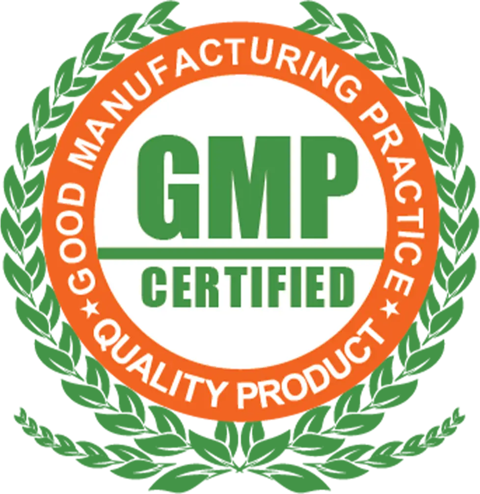 Green and white logo confirming GMP (Good Manufacturing Practice) certification for quality product manufacturing.