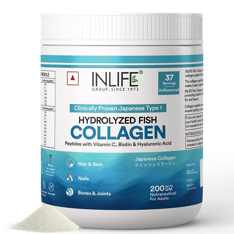 INLIFE Hydrolyzed Japanese Marine Fish Collagen Peptides Powder, Clinically Proven Ingredient, 200g (Unflavoured) - Inlife Pharma Private Limited