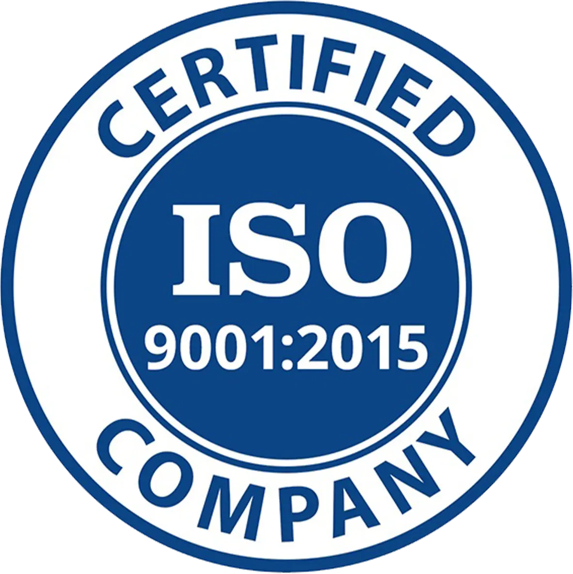 Blue ISO 9001:2015 logo, verifying the company's compliance with international quality management standards