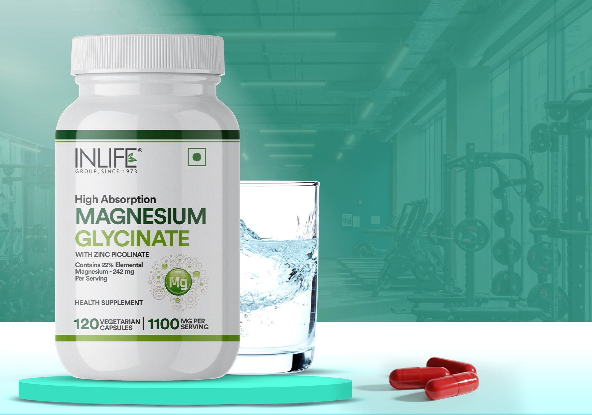 INLIFE High Absorption Magnesium Glycinate with Zinc Picolinate bottle placed beside a glass of water, highlighting 120 vegetarian capsules and 1100 mg per serving.