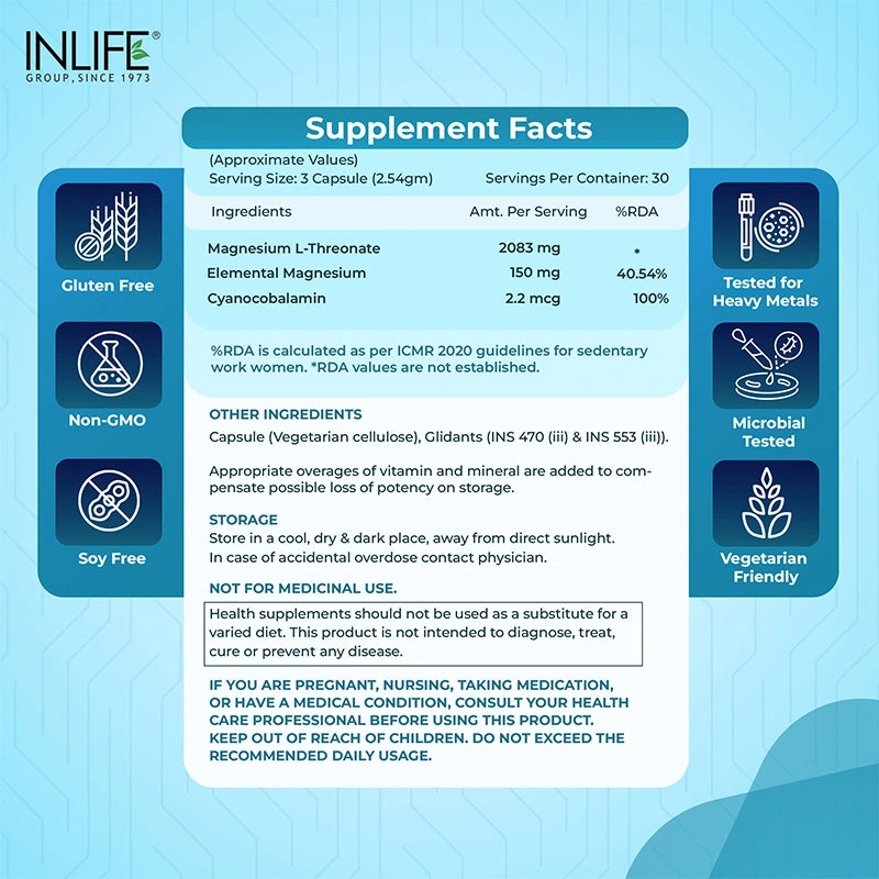 Inlife magnesium L-threonate capsules supplement fact image