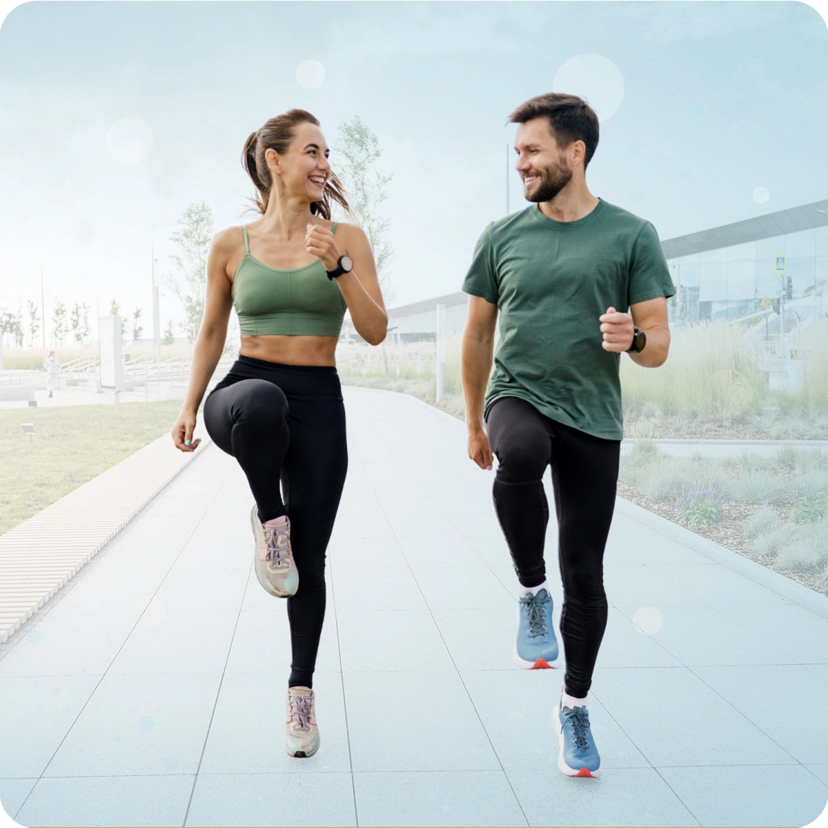 Key benefits of magnesium complex tablet a fit man and woman running together outdoors, illustrating energy production and active metabolism