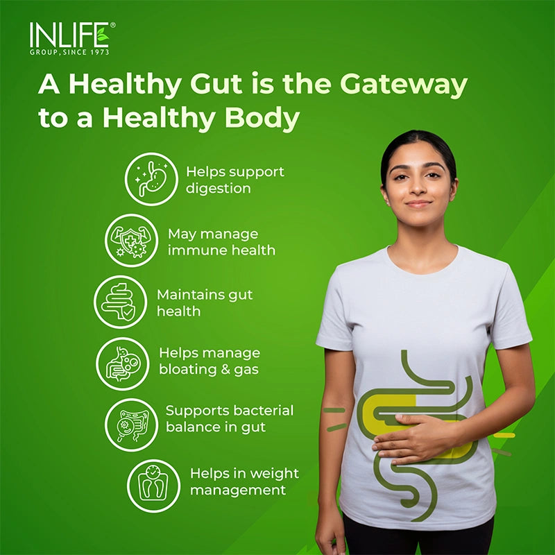 Visual of a happy human with gut graphic and icons showing benefits like digestion, immune health, bloating relief, and gut balance.