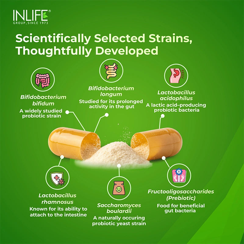 inlife pre and probiotic capsules contain 5 key strains for better digestion support and general immune health