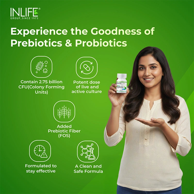 inlife pre and probiotic capsules contain 2.75 billion cfu per serving, with added FOS, formulated to stay effective in the body