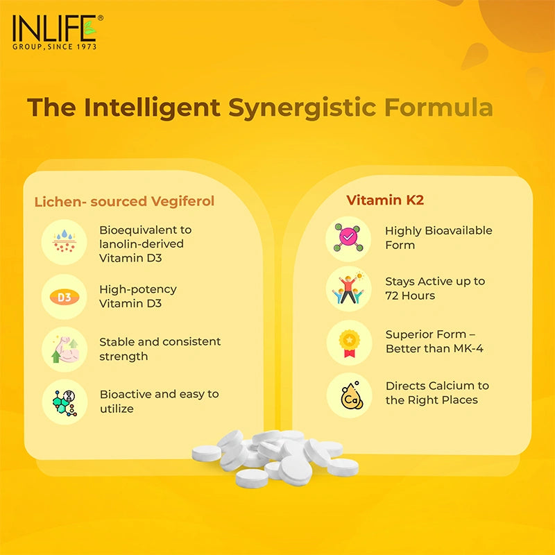 Inlife Plant-Based Vitamin D3 (Lichen) + K2 (MK7), Tablets