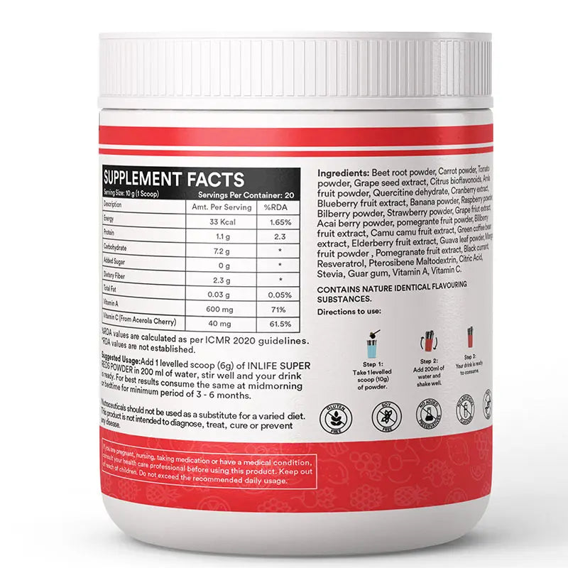 Super Reds Powder | Antioxidant-Rich 20 Superfoods, Fruits, Beets & Berries | 200gms