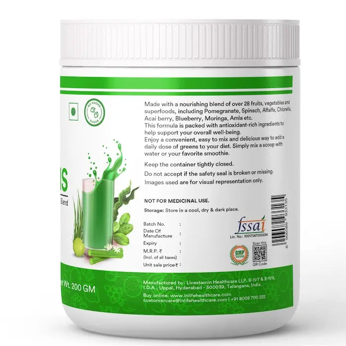Inlife Super Green Fusion| Vital Nutrients, Fiber, Antioxidants, Superfoods Powder| 200gm