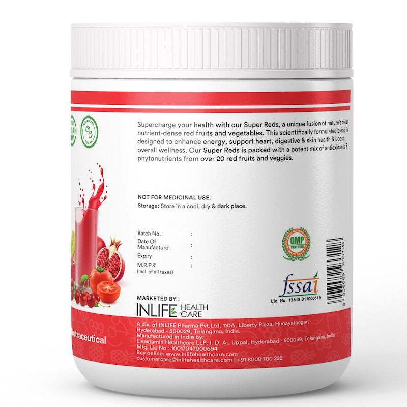 INLIFE Super Reds Powder | Antioxidant-Rich 20 Superfoods, Fruits, Beets & Berries, 200gms
