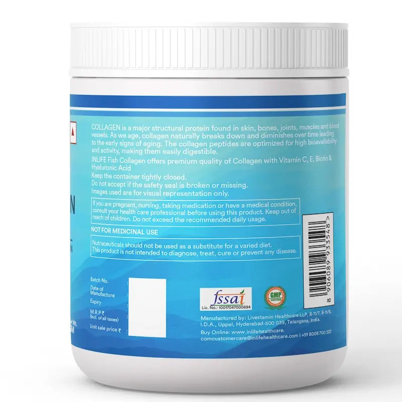 Inlife Hydrolyzed Fish Collagen Peptides Supplement | Enhanced with Vitamin C, Biotin, Hyaluronic Acid, 200gms