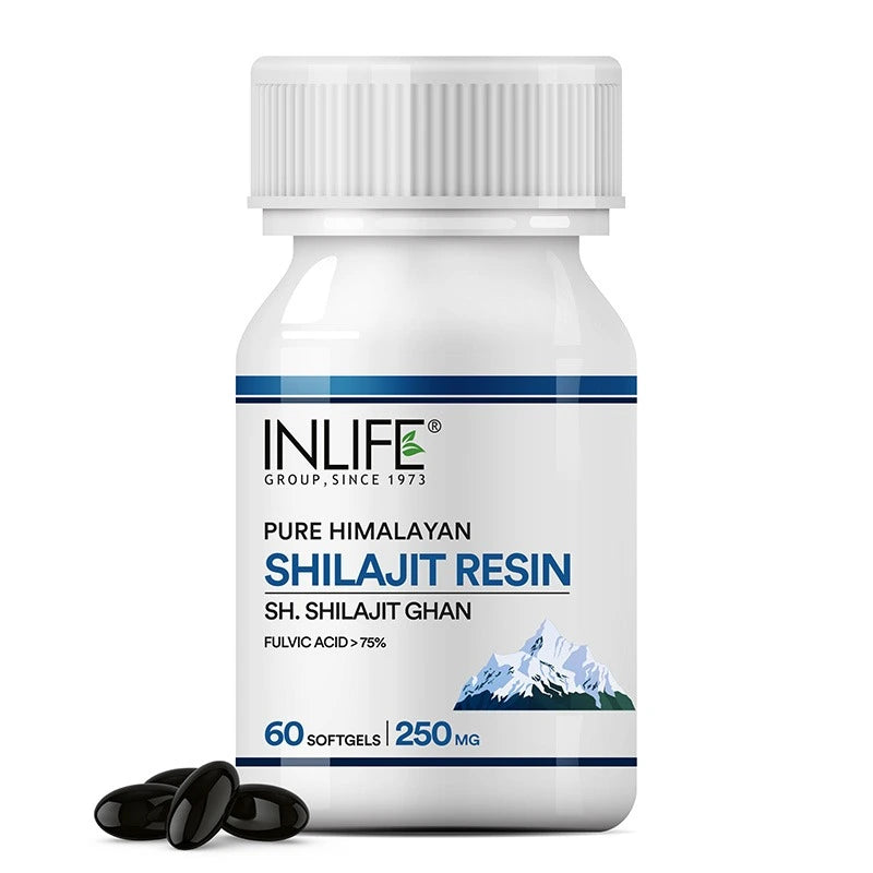 Inlife Pure Himalya Shilajit Resin Soft gel 500mg | 100% Pure & Potent Form| Contains >75% Fulvic Acid | Supports Energy, Stamina & Strength | 60 Soft gels (Pack of 1, 60)