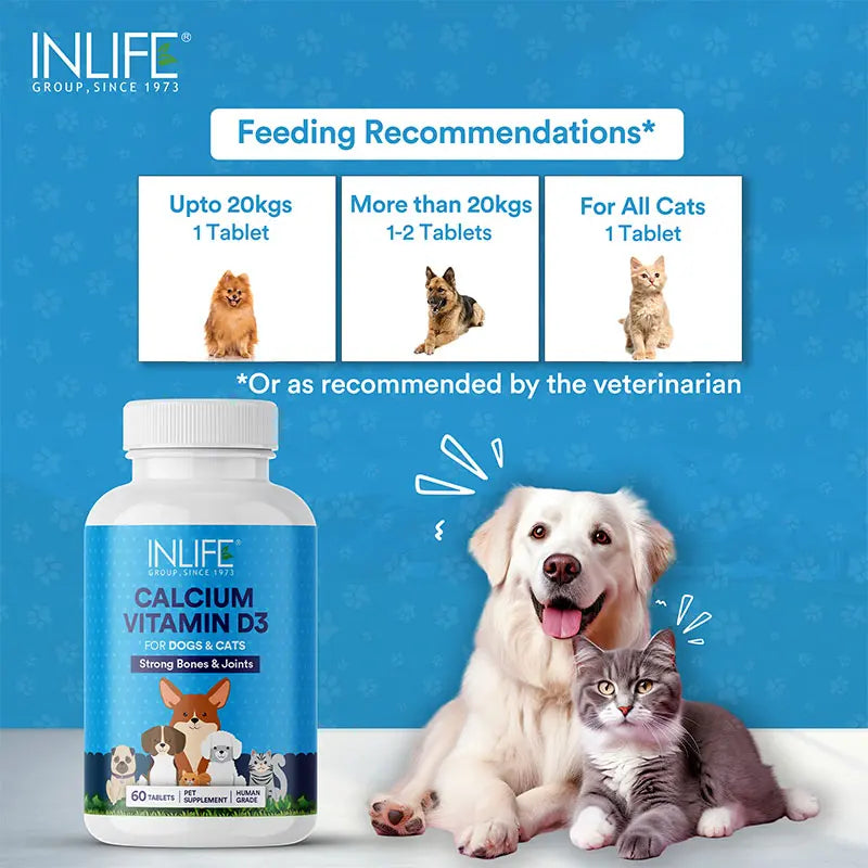 Inlife  Calcium Tablets for Dogs Cats with Vitamin D3 | Stronger Bones, Teeth & Joint Support In Pets- 60 Tablets