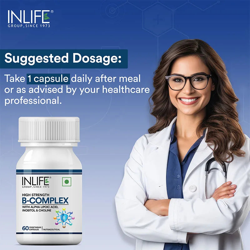 INLIFE B-Complex Supplement | 8 Essential B-Vitamins with Alpha Lipoic Acid, Inositol & Choline | Vegetarian Capsules