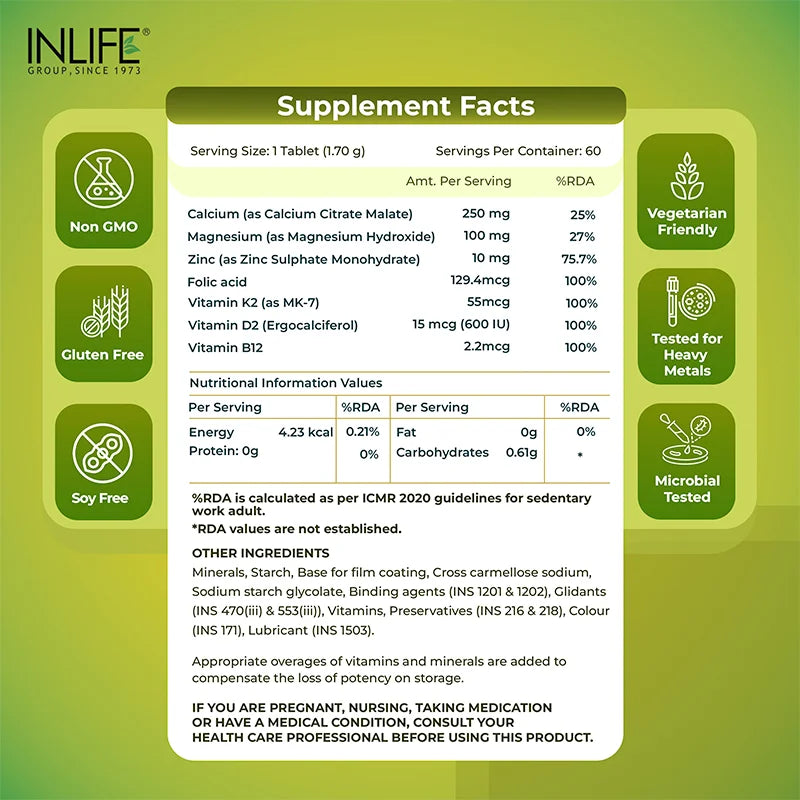 Inlife Calcium Citrate Malate, Magnesium, Zinc, D2, K2 Tablets| Vegetarian Friendly