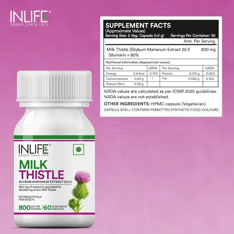 Inlife Milk Thistle Supplement | 800mg Per Serving | Veg. Capsules