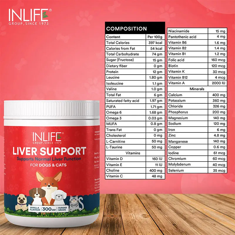 Inlife Liver Support Powder Supplement for Dogs Cats Pets | 300g (Vanilla)