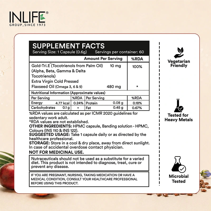 Inlife Tocotrienol (Gold Tri.E™) + Flaxseed Oil Plant-Based Omega 3-6-9 Capsules