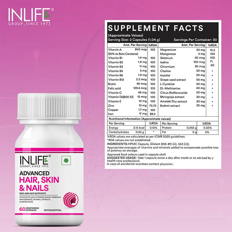 Inlife Advanced Hair, Skin & Nails Supplement | 60 Vegetarian Capsules