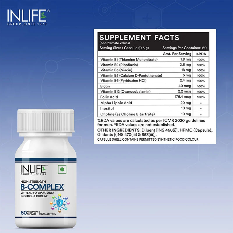 INLIFE B-Complex Supplement | 8 Essential B-Vitamins with Alpha Lipoic Acid, Inositol & Choline | Vegetarian Capsules