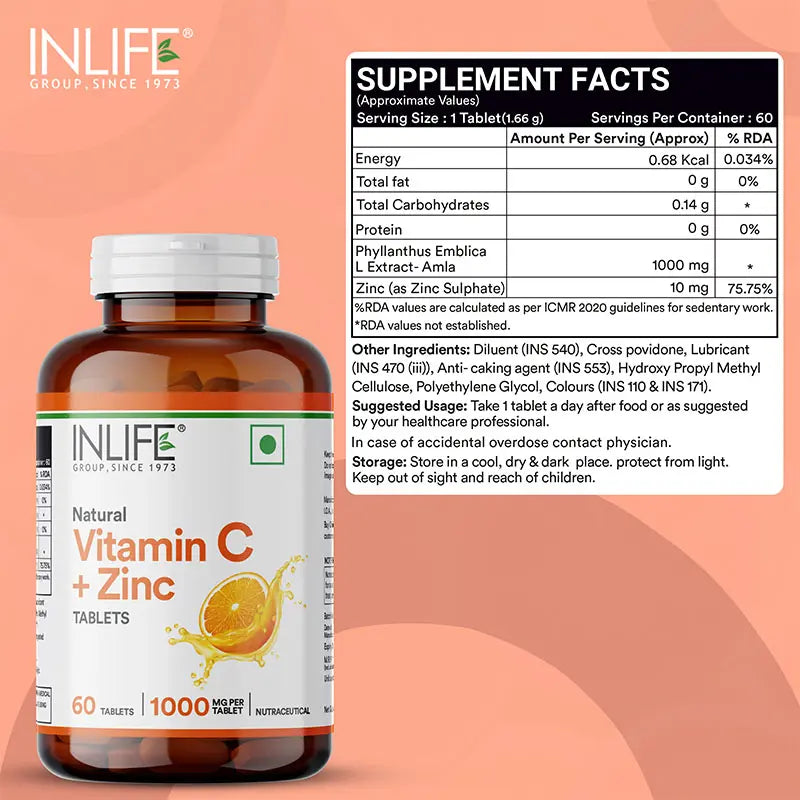 Inlife Natural Vitamin C Amla Extract with Zinc Supplement| 60 Tablets