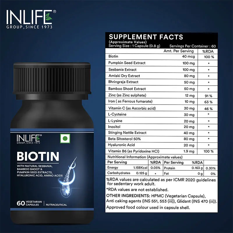 Inlife Biotin Supplement for Hair, with Sesbania, Bamboo Shoot | 60 Veg. Capsules