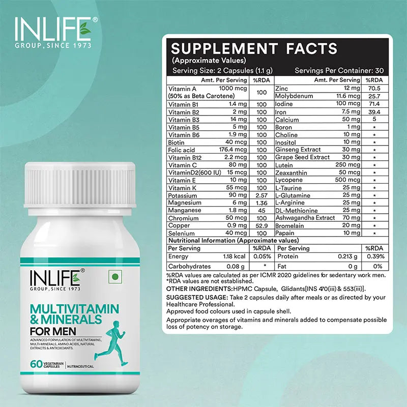 Inlife Multivitamin & Minerals Supplement for Men | 60 Veg. Capsules