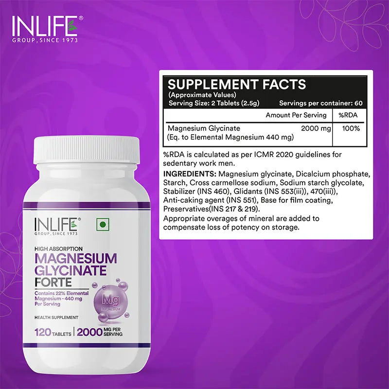 Inlife Chelated Magnesium Glycinate Forte Supplement 2000mg | 120 Tablets