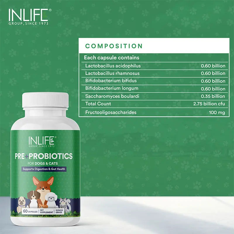 Inlife Prebiotics & Probiotics Pet Supplements for Dogs Cats|60 Capsules