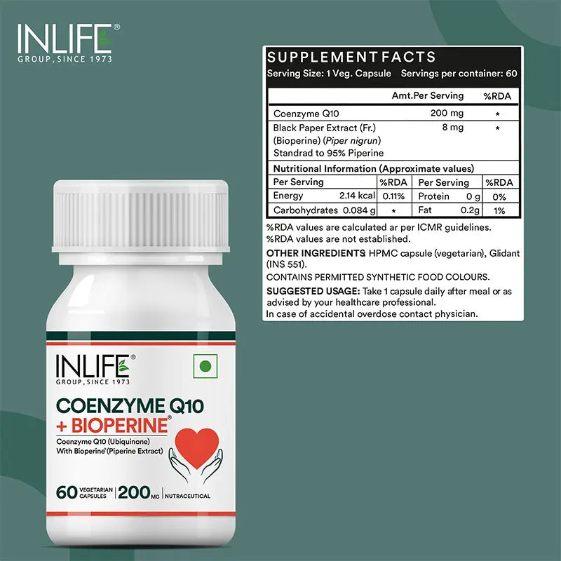 Inlife Coenzyme Q10 Supplement (CoQ10) with Bioperine | 200mg | 60 Veg. Capsules