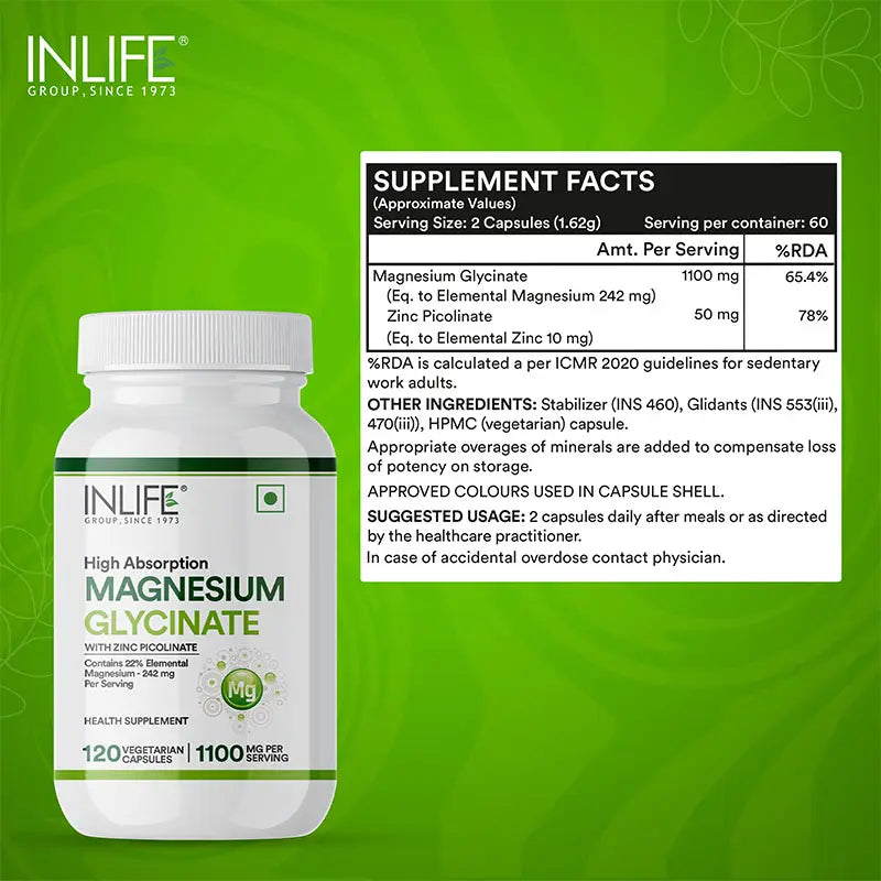 Inlife Magnesium Glycinate with Zinc Supplement | 120 Veg. Capsules