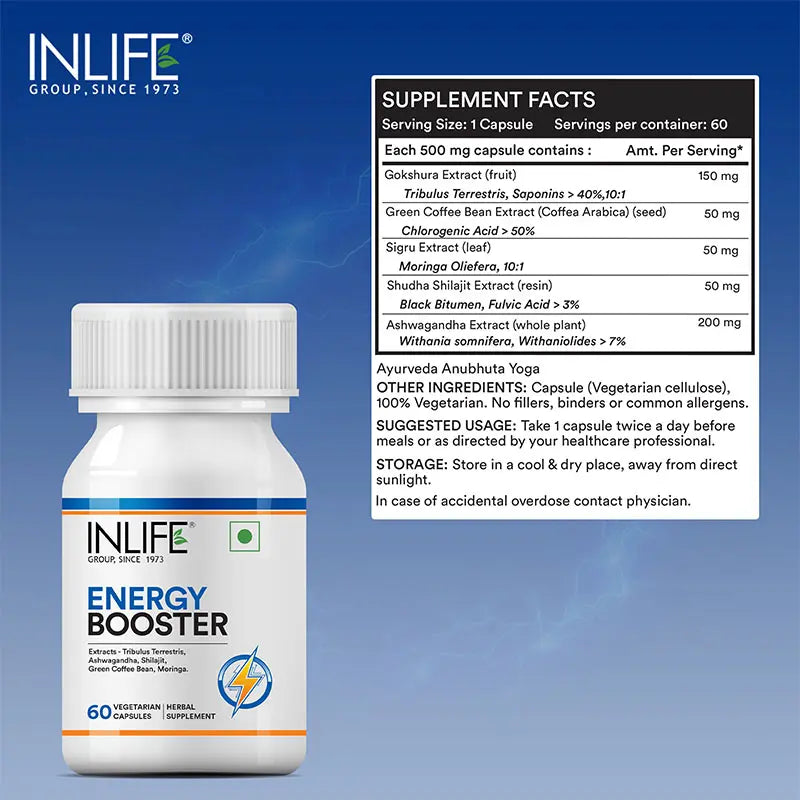 Inlife Energy Booster Supplement | 500mg | 60 Vegetarian Capsules