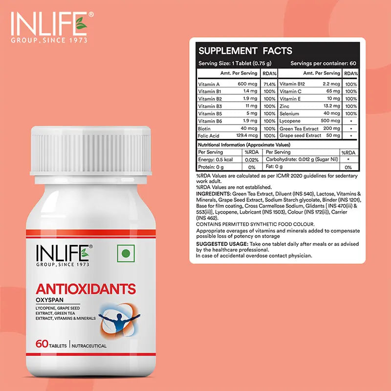 Inlife Antioxidants Supplement with Lycopene, Grape Seed, Green Tea Extract (60 Tablets)