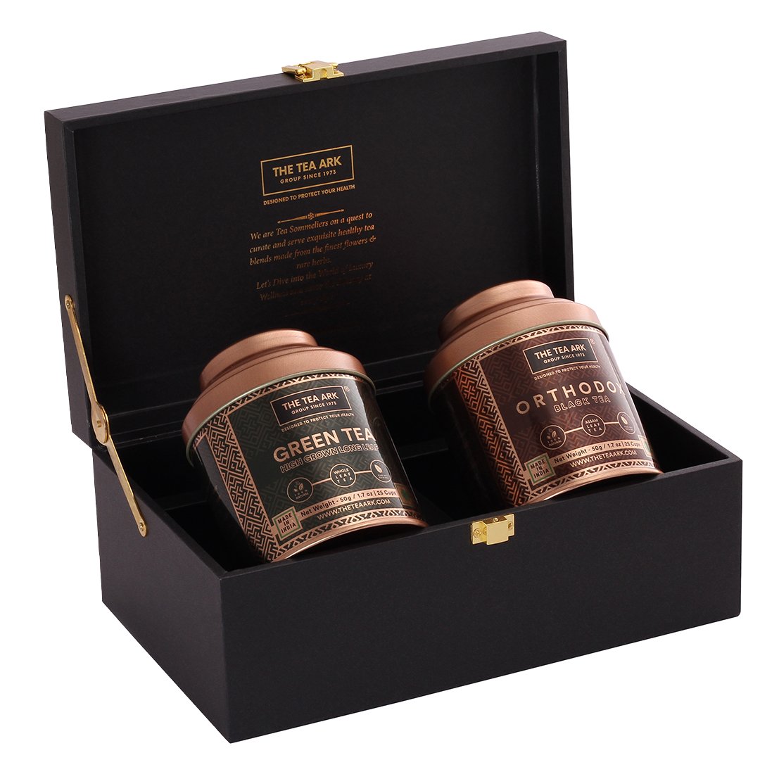 The Tea Ark Delight Gift Box with Orthodox Black Tea & High Grown Long Leaf Green Tea (2 x 50g) Tins - Inlife Pharma Private Limited