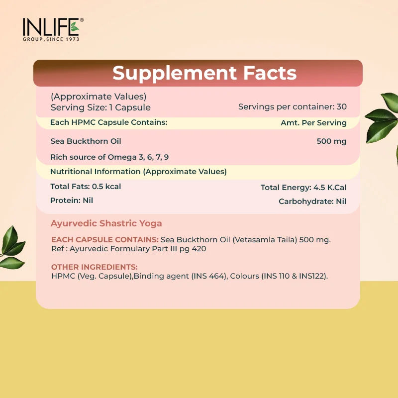 Inlife Sea Buckthorn Oil Capsules 500mg, Omega 3 6 7 9, 30 Veg Capsules