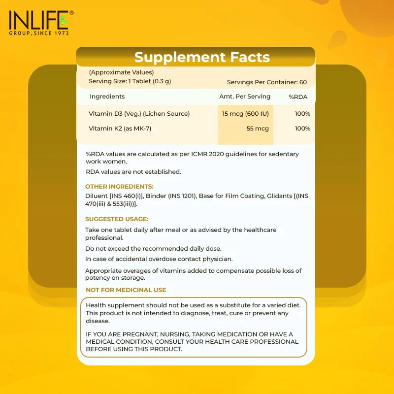 Inlife Plant-Based Vitamin D3 (Lichen) + K2 (MK7), Tablets