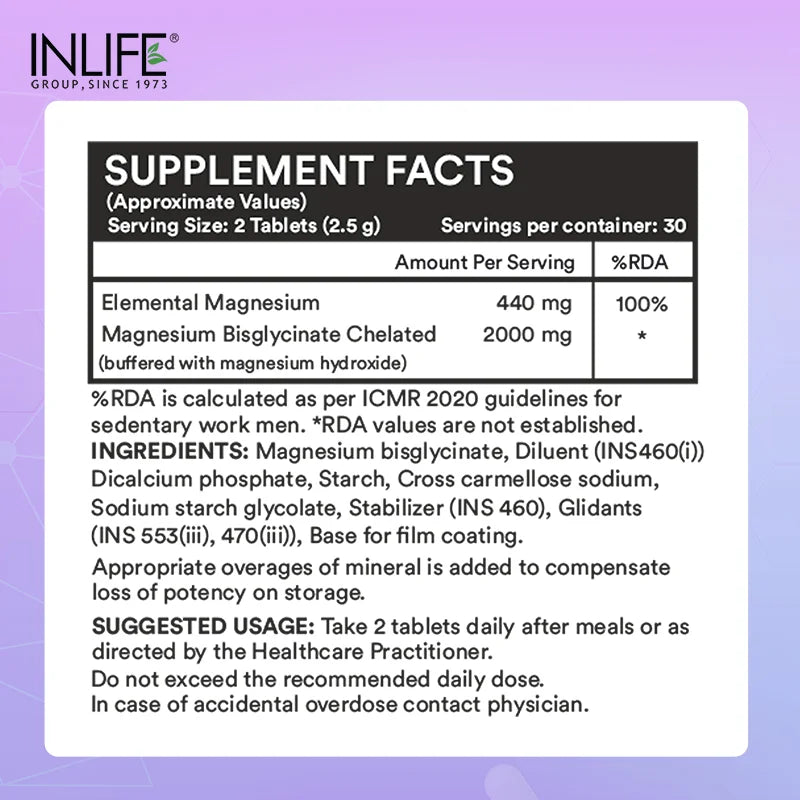 Inlife Magnesium Glycinate Forte 440 mg (Elemental Mg.) Tablets.