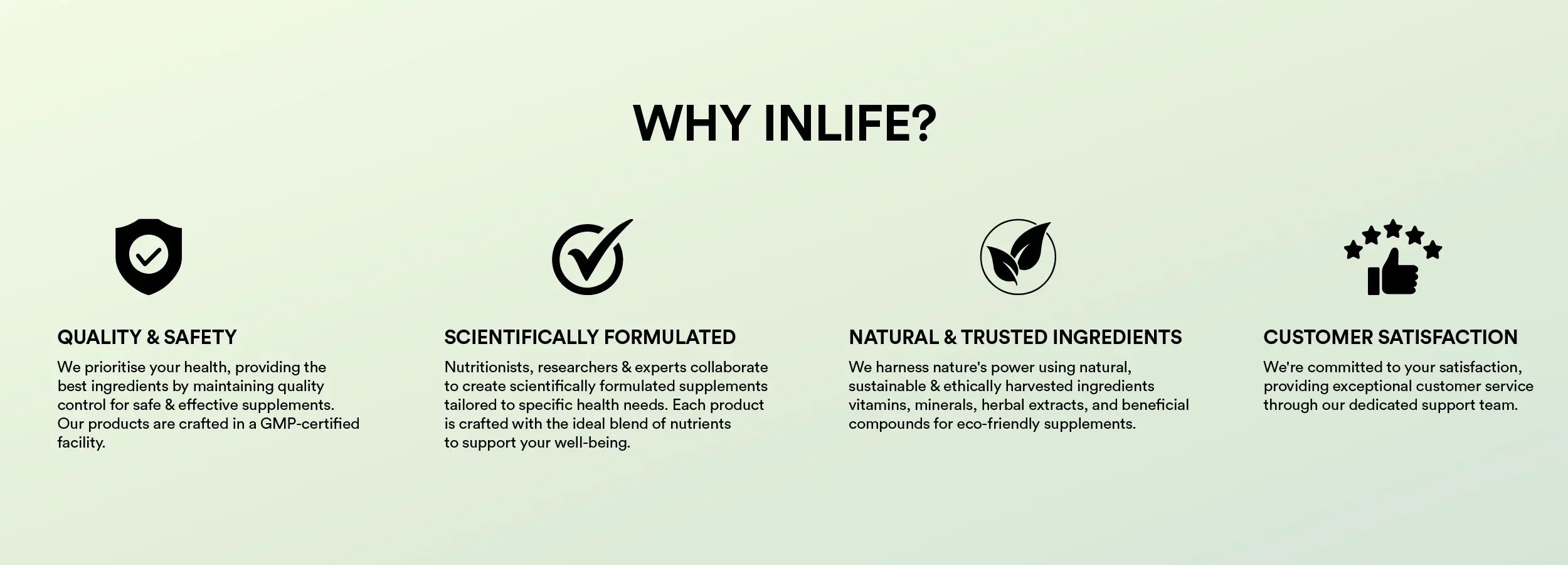 INLIFE brand promises: Quality & Safety (GMP-certified), Scientifically Formulated, Natural & Trusted Ingredients, and Customer Satisfaction