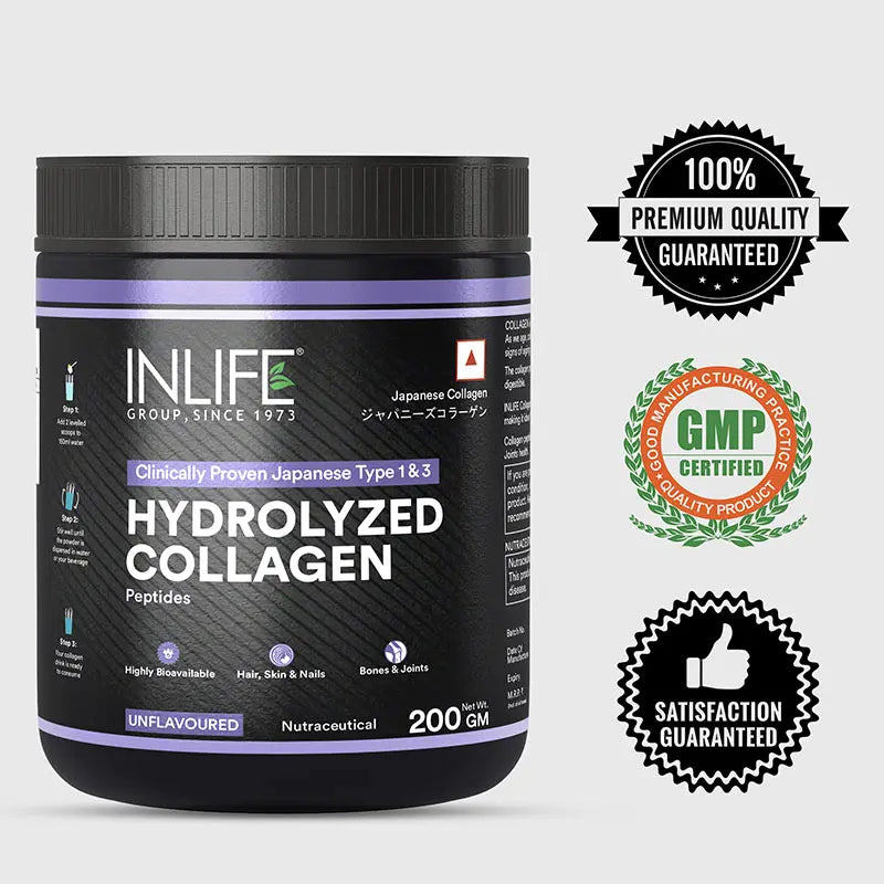 Inlife  Hydrolysed Japanese Collagen Peptides Powder Clinically Proven Ingredient, Type 1 & 3, Unflavoured, 200g