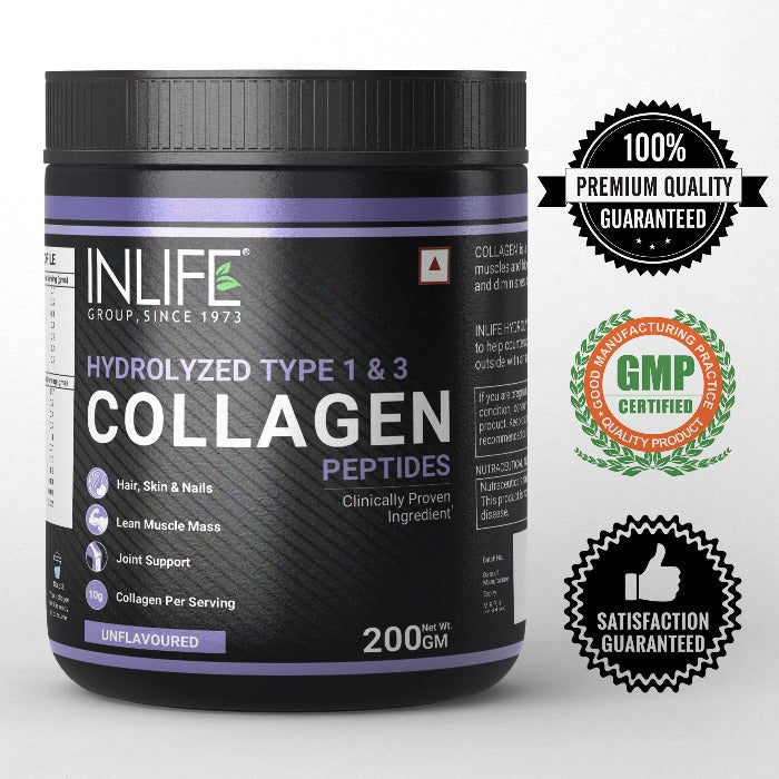 INLIFE Hydrolyzed Collagen Peptides Powder Clinically Proven Ingredient, Type 1 & 3, Skin Health, Bone Health Supplement for Men & Women (Unflavoured, Collagen, 200g)