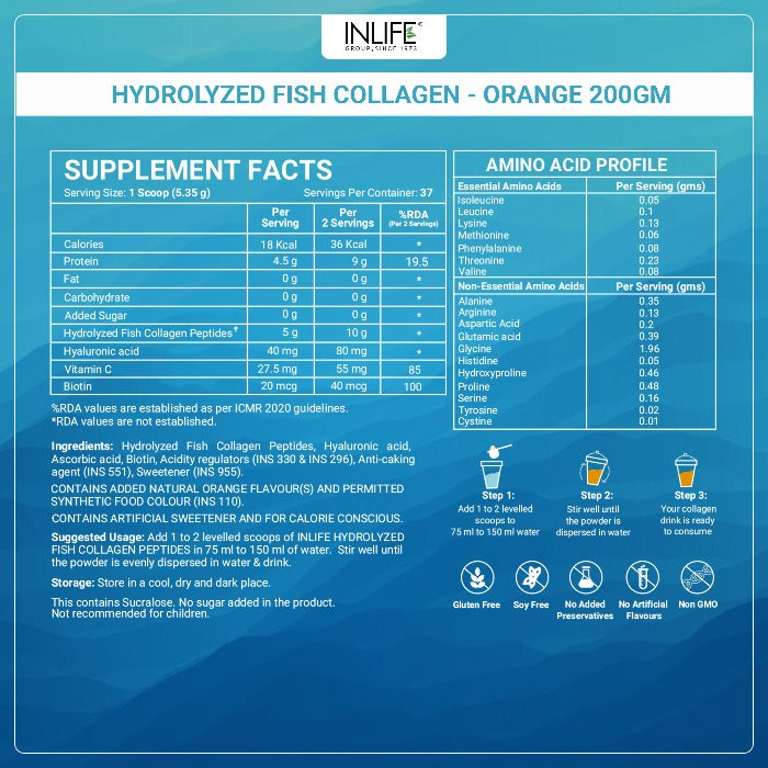 INLIFE Marine Collagen Supplements for Women & Men | Fish Collagen Powder for Skin & Hair | Clinically Proven Ingredient with Biotin, Hyaluronic Acid, Vitamin C & Glucosamine ( Fish Collagen, 200g)