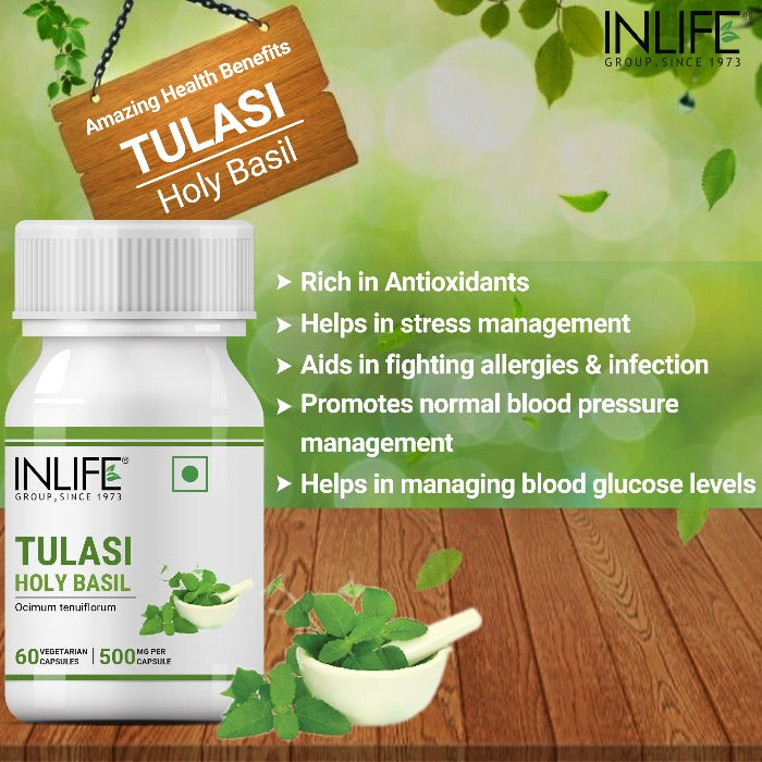 INLIFE Tulsi (Tulasi) Extract Holy Basil Supplement, 500mg - 60 Vegetarian Capsules