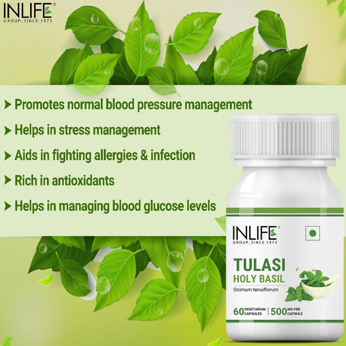 INLIFE Tulsi (Tulasi) Extract Holy Basil Supplement, 500mg - 60 Vegetarian Capsules
