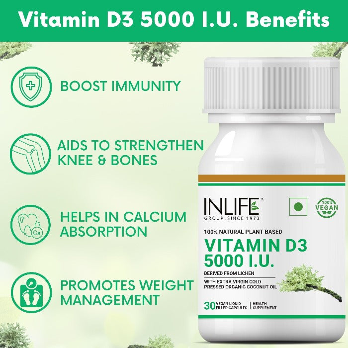 INLIFE Plant Based Vegan Vitamin D3 from Lichen, 5000 IU - 30 Vegetarian Capsules