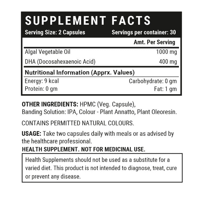 INLIFE Vegetarian DHA, Omega 3 Algal Oil Supplement, 400mg per serving - 60 Vegetarian Capsules