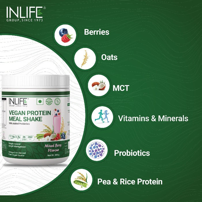 INLIFE Vegan Protein Meal Replacement Shake with Added Probiotics, 500g