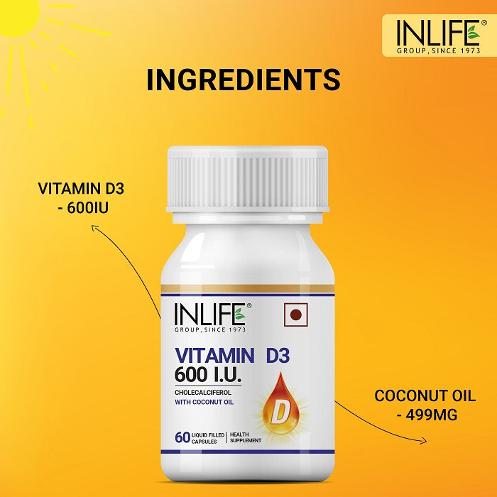 INLIFE Vitamin D3 600 IU Cholecalciferol Supplement- 60 Capsules