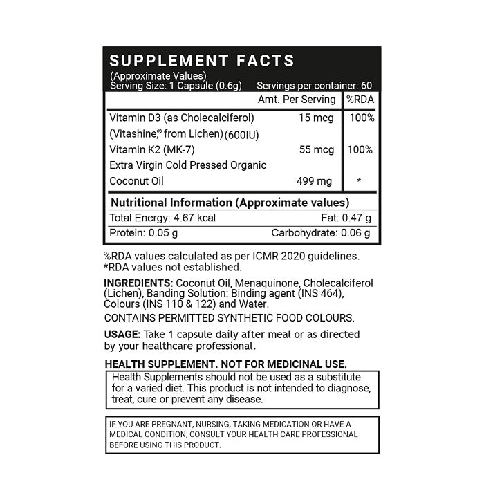 INLIFE Plant Based Vegan Vitamin D3 K2 Supplement, Lichen Source, 600 IU - 60 Capsules