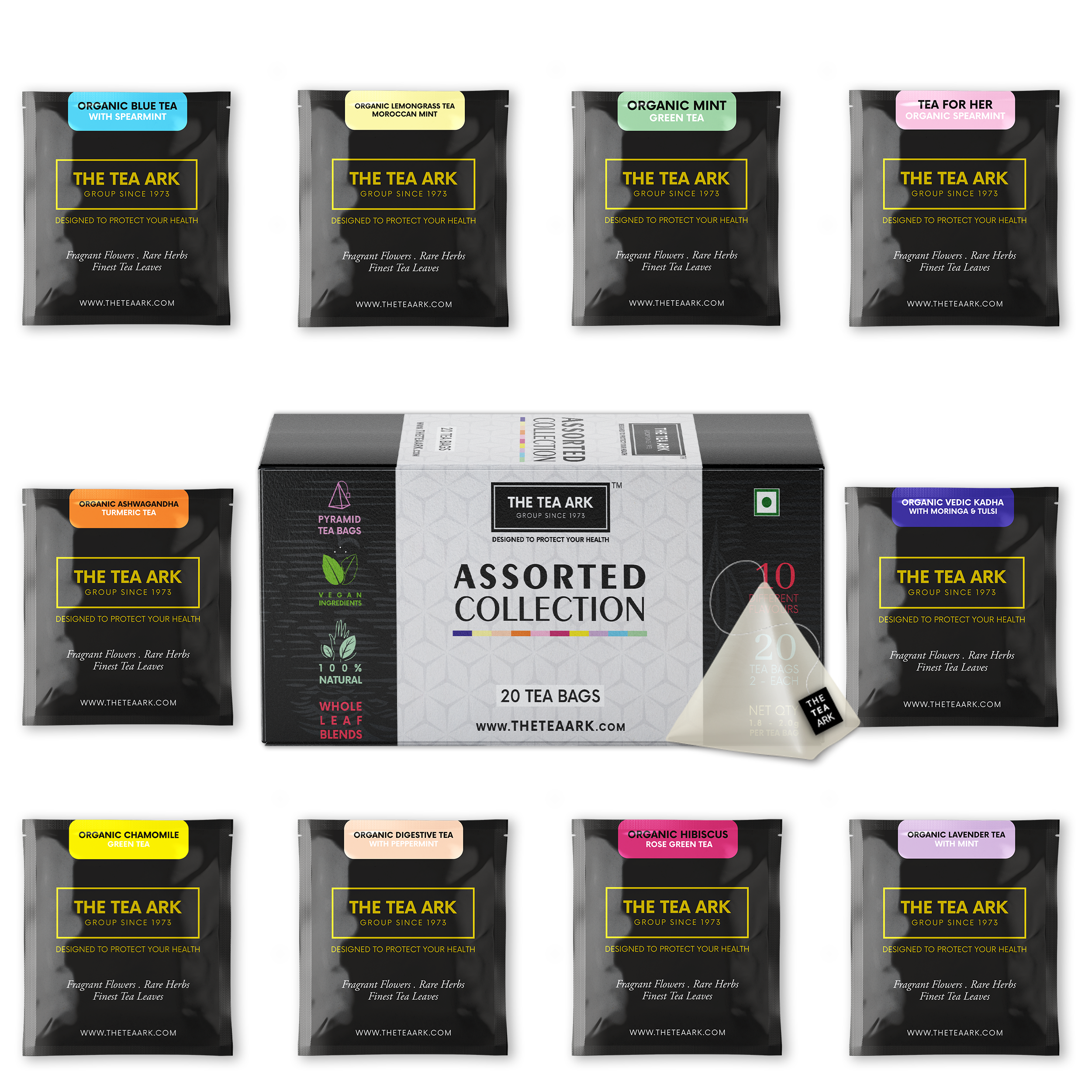 The Tea Ark Assorted Collection Pyramid Tea Bags, 10 Variants with 2 Pcs Each, Whole Leaf Blends, Sampler Pack - 20 Tea Bags